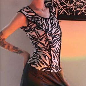 Adorable Y2K Era Zebra Print Sequin Tank Top Featuring Two Pleats Down the Front